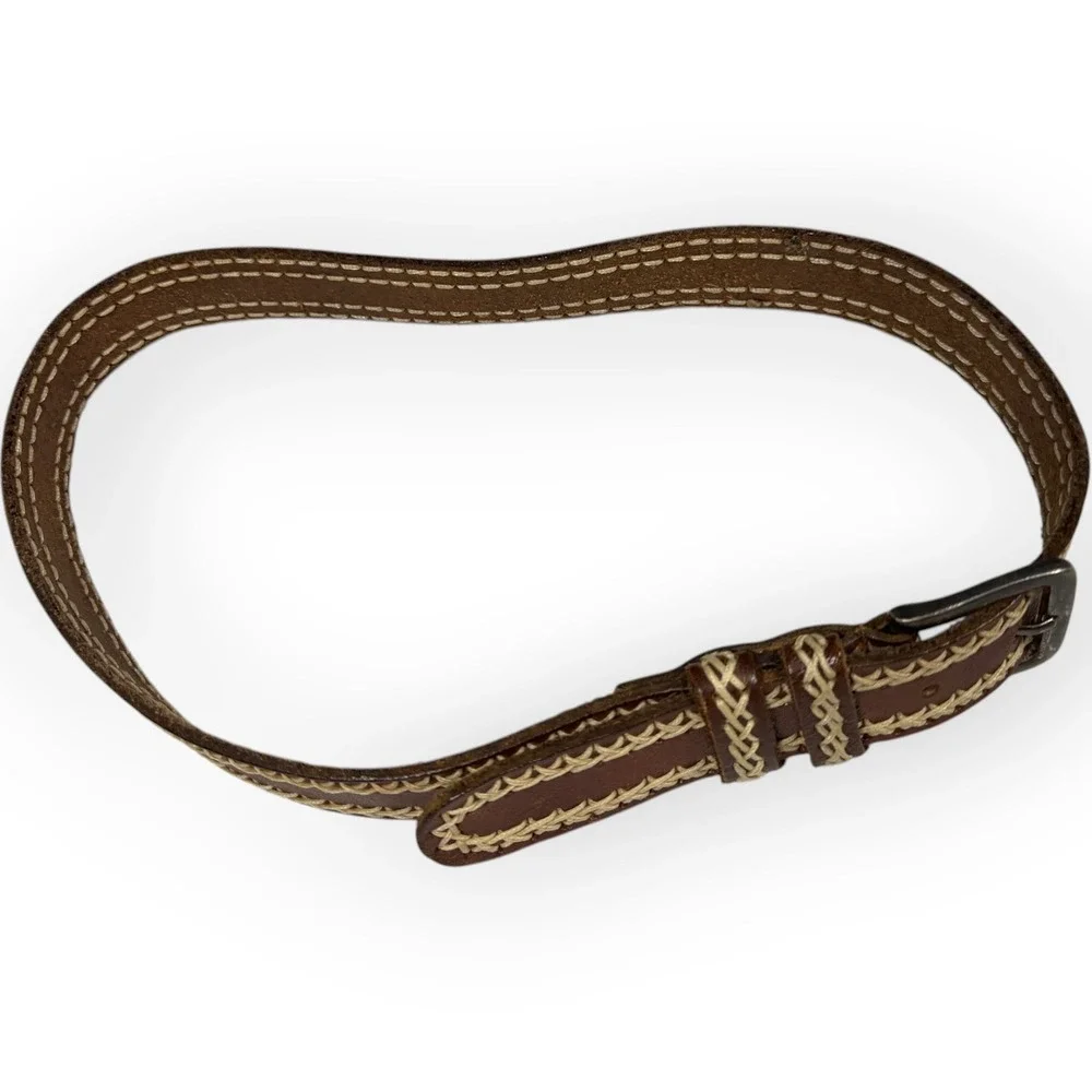 Vintage Brown Leather Whipstitch Belt Brass Buckle Boho Western 36 Inch